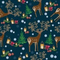 ÃÂ Geometric seamless pattern with christmas elements. Deer, Christmas tree, lantern, poinsettia, pine branches, Christmas balls. Royalty Free Stock Photo